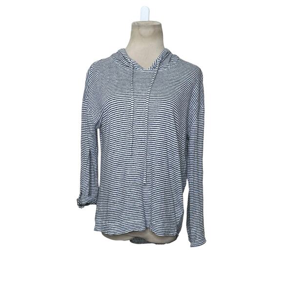 C&C blue white linen striped 3/4 sleeves lightweight hoodie size Small - Picture 9 of 13